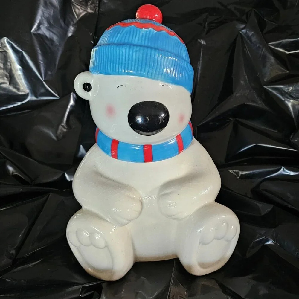 Vintage Kmart White Polar Bear Cookie Jar Blue Hat & Scarf 11" Essential Home
